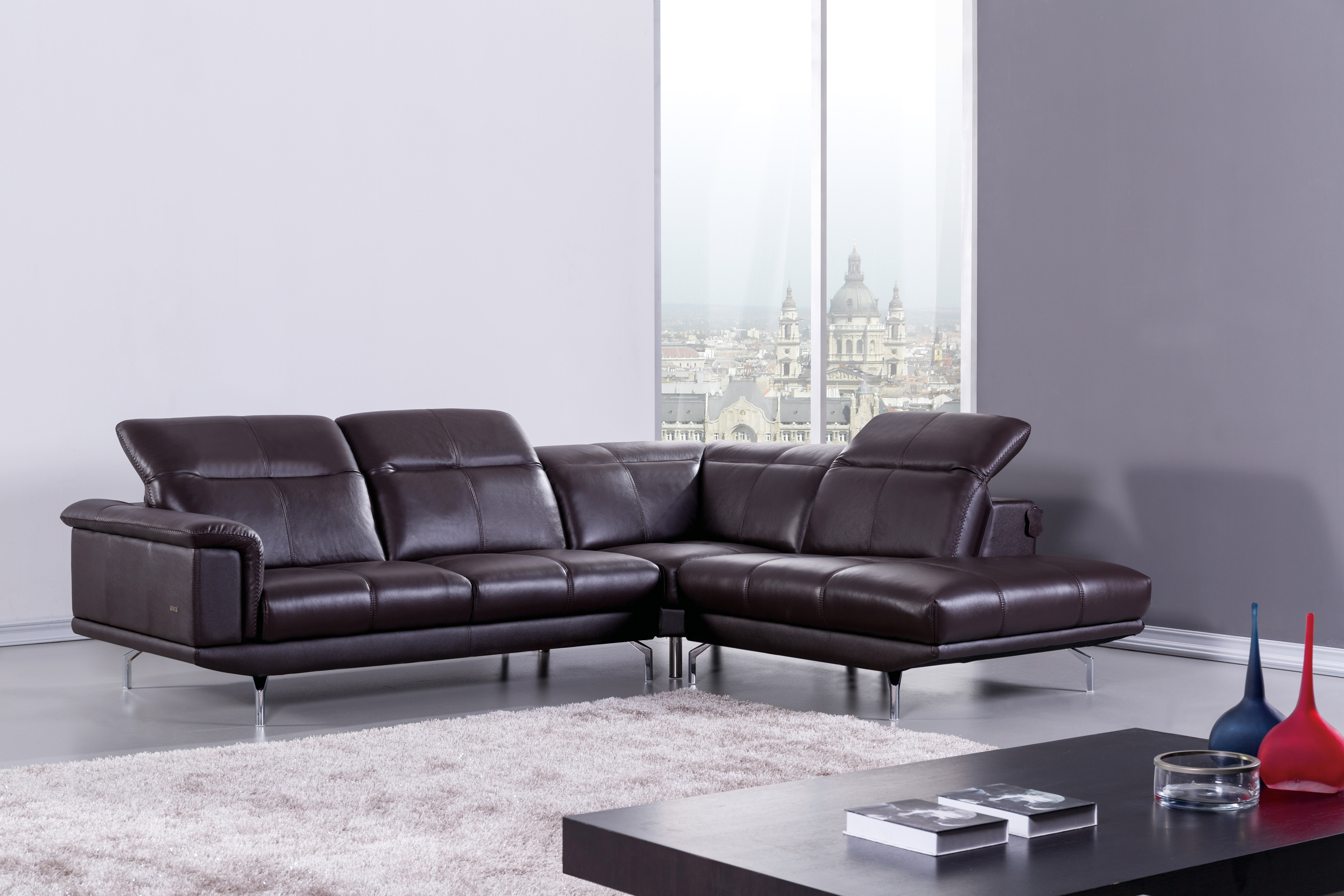 Designer Stitching Modern Sectional Corner In Dark Brown Leather S195 