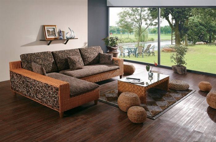 Hand Woven Wicker Sectional Sofa With Brown Microfiber Seats
