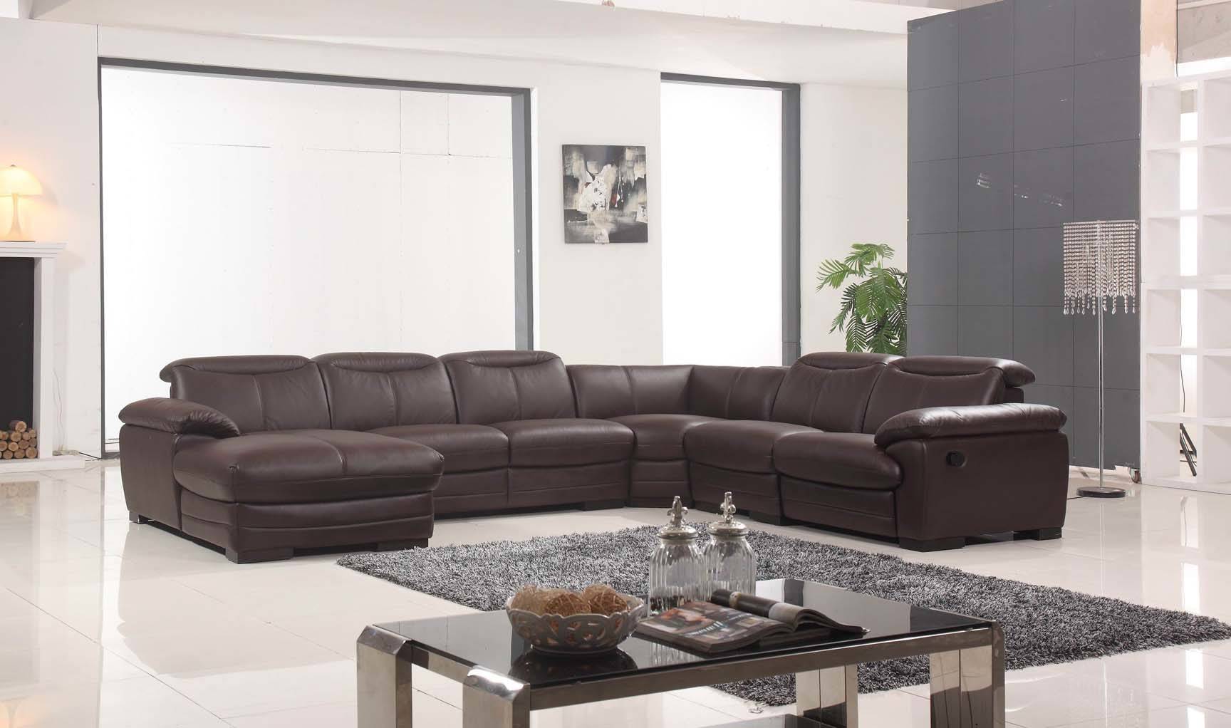 Large Brown Leather Contemporary Sectional Set with Recliner Chair - Click Image to Close