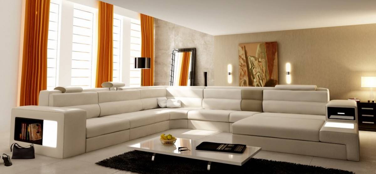 Extra Large Leather Sectional Sofa with Attached Corner Table - Click Image to Close