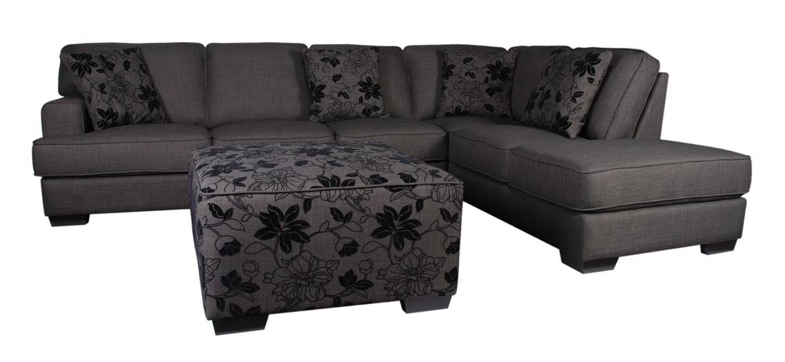 Dark Grey Fabric Sectional Sofa with Floral Print Throw Pillow