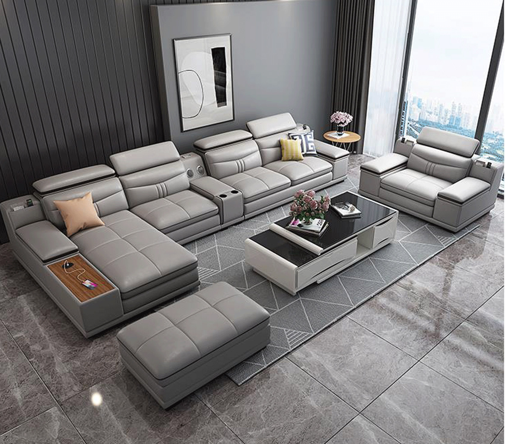 Unique Leather Two-Tone Grey and Chocolate Sectional Sofa - Click Image to Close