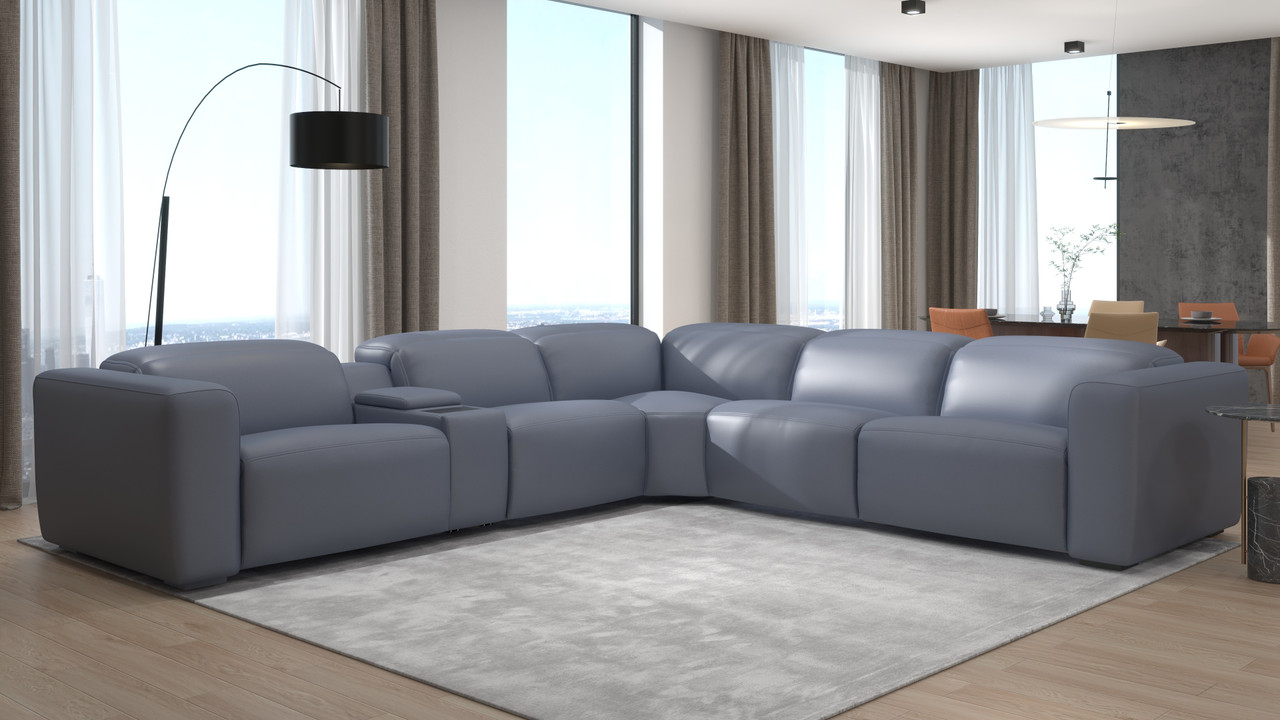 Grey Italian Leather Tufted Sectional with Recliner Mechanism - Click Image to Close