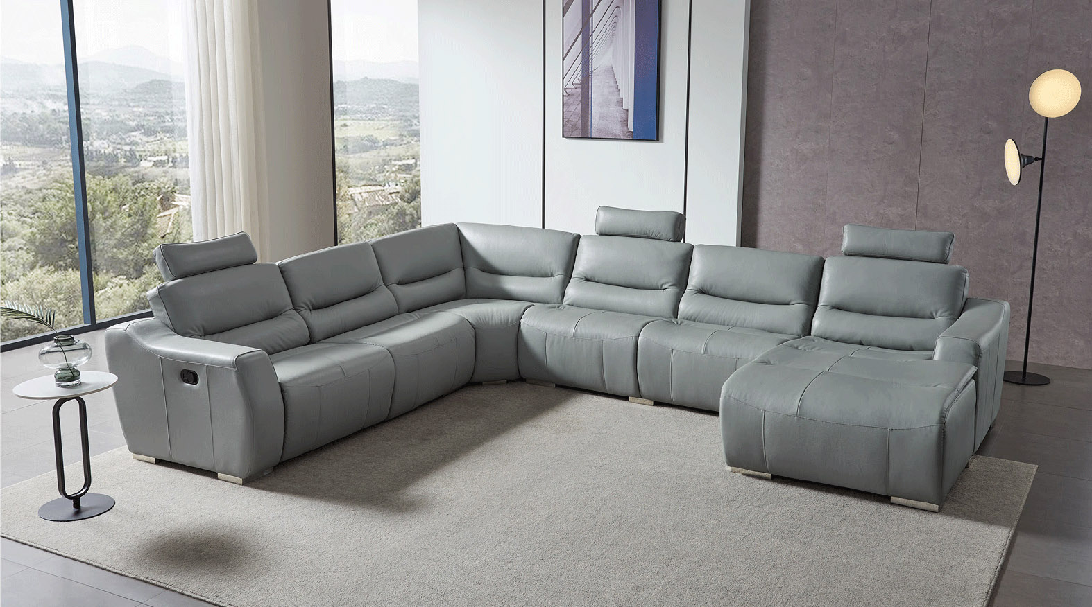 Grey Italian Leather Tufted Sectional, Leather Tufted Sectional