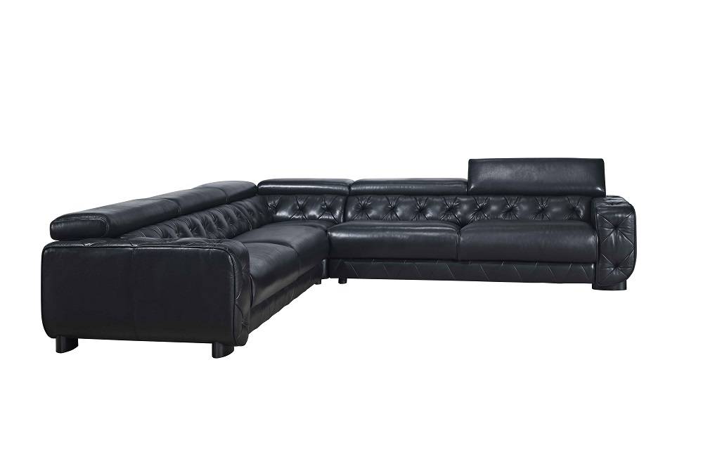 Large Contemporary Black Tufted Genuine Leather Sectional Sofa Las