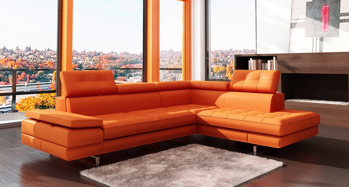 Luxurious Sectional Upholstered In Real, Orange Italian Leather Sectional Sofa