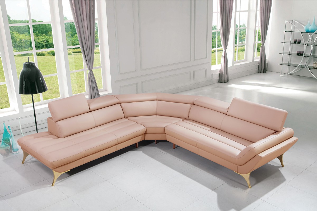 Pink Leather Corner L Shape Sectional Couch Tufted Seats V 1541 