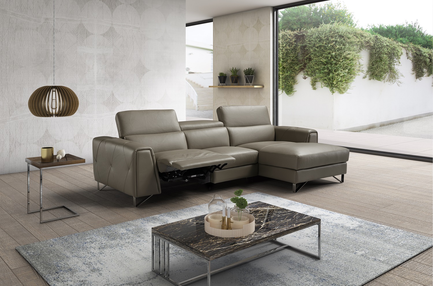 Italian Made Taupe Full Leather Sectional Sofa with Adjustable Headrest