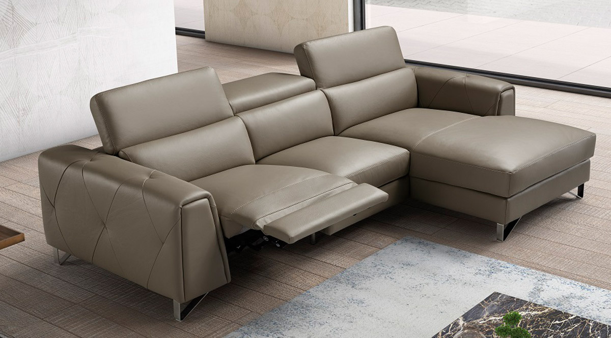 Italian Made Taupe Full Leather Sectional Sofa with Adjustable Headrest - Click Image to Close