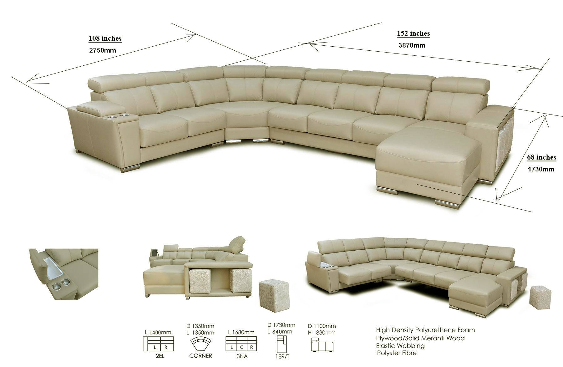Cream Italian Leather Extra Large Sectional with Cup Holders