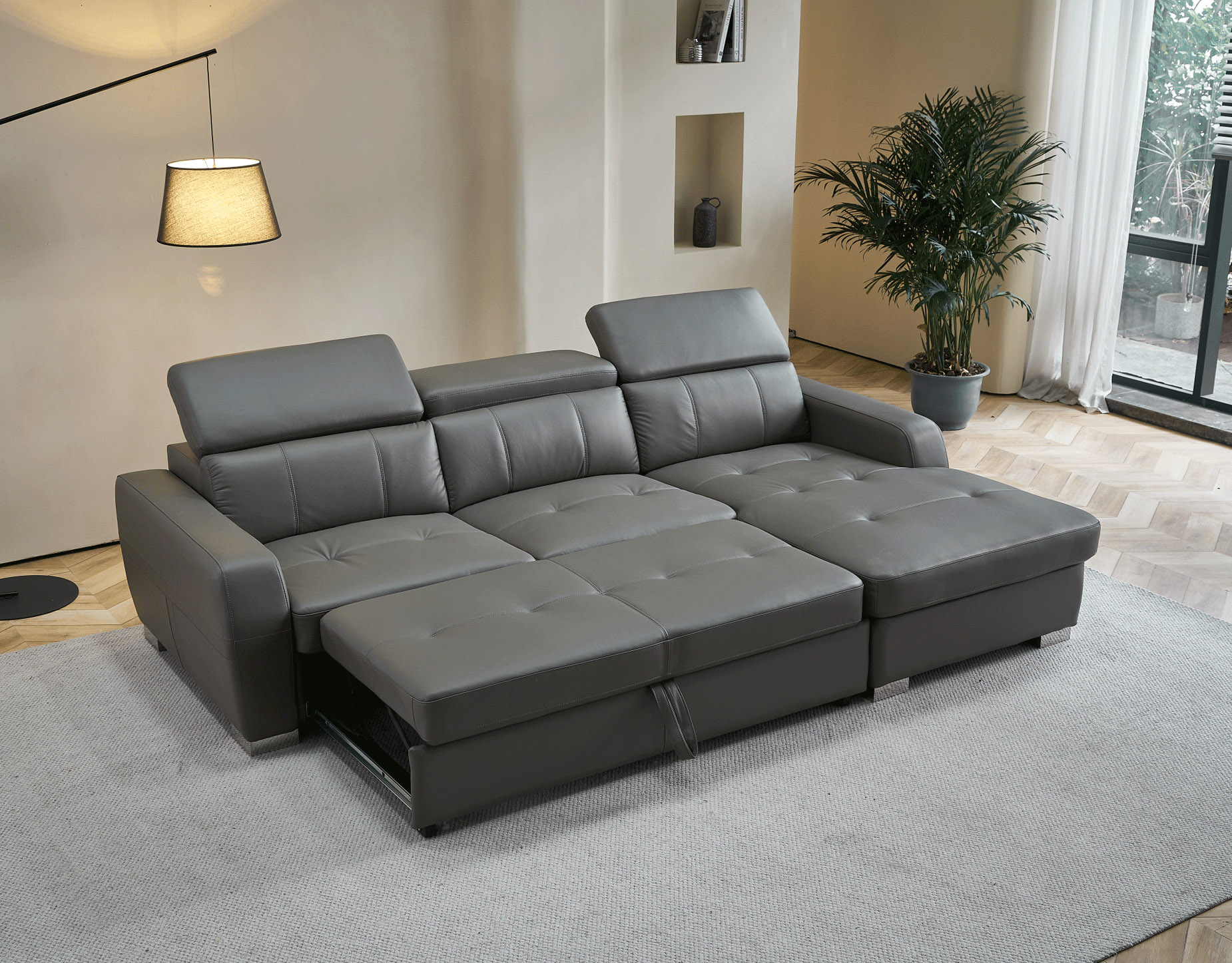 Contemporary Dark Grey Leather Sofabed Sectional - Click Image to Close