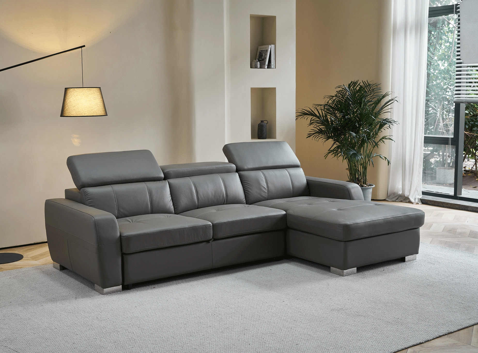 Contemporary Dark Grey Leather Sofabed Sectional - Click Image to Close