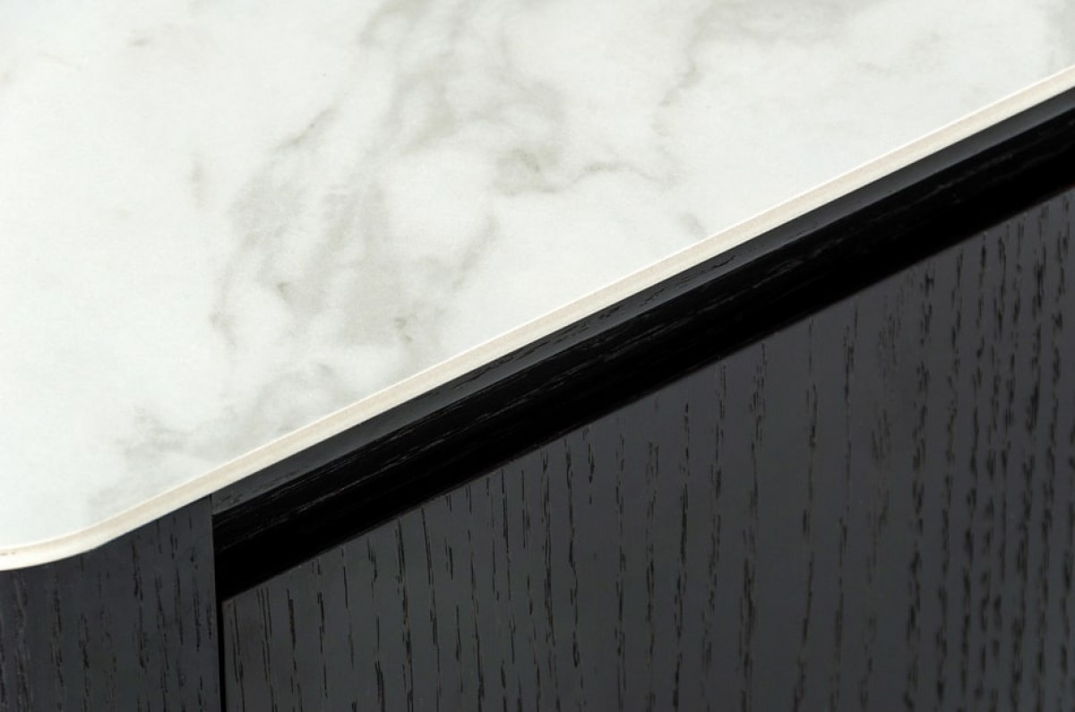 Black Oak Buffet with White Ceramic Marble Look Top