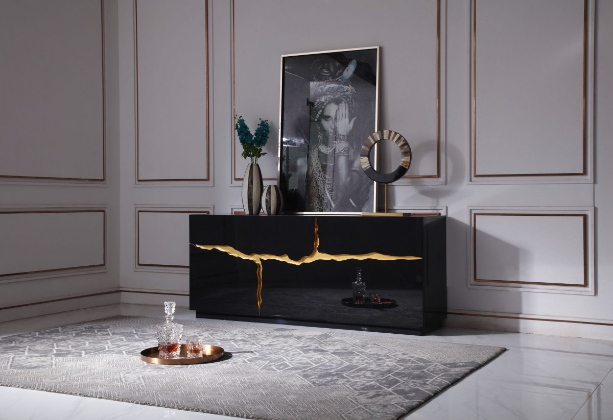 Elite High Gloss Black Buffet with Champagne Gold Accents - Click Image to Close