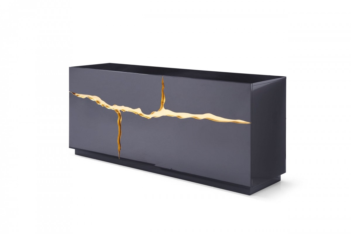 Elite High Gloss Black Buffet with Champagne Gold Accents
