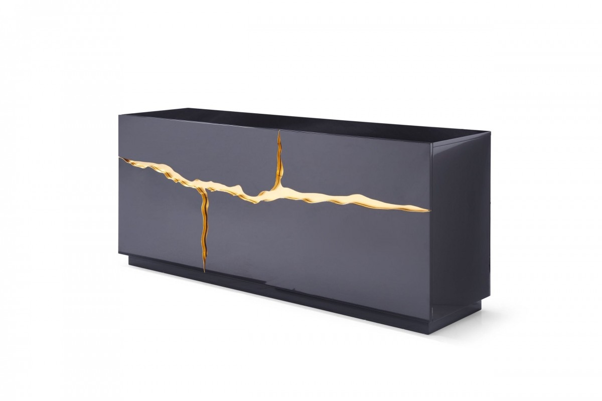 Elite High Gloss Black Buffet with Champagne Gold Accents - Click Image to Close