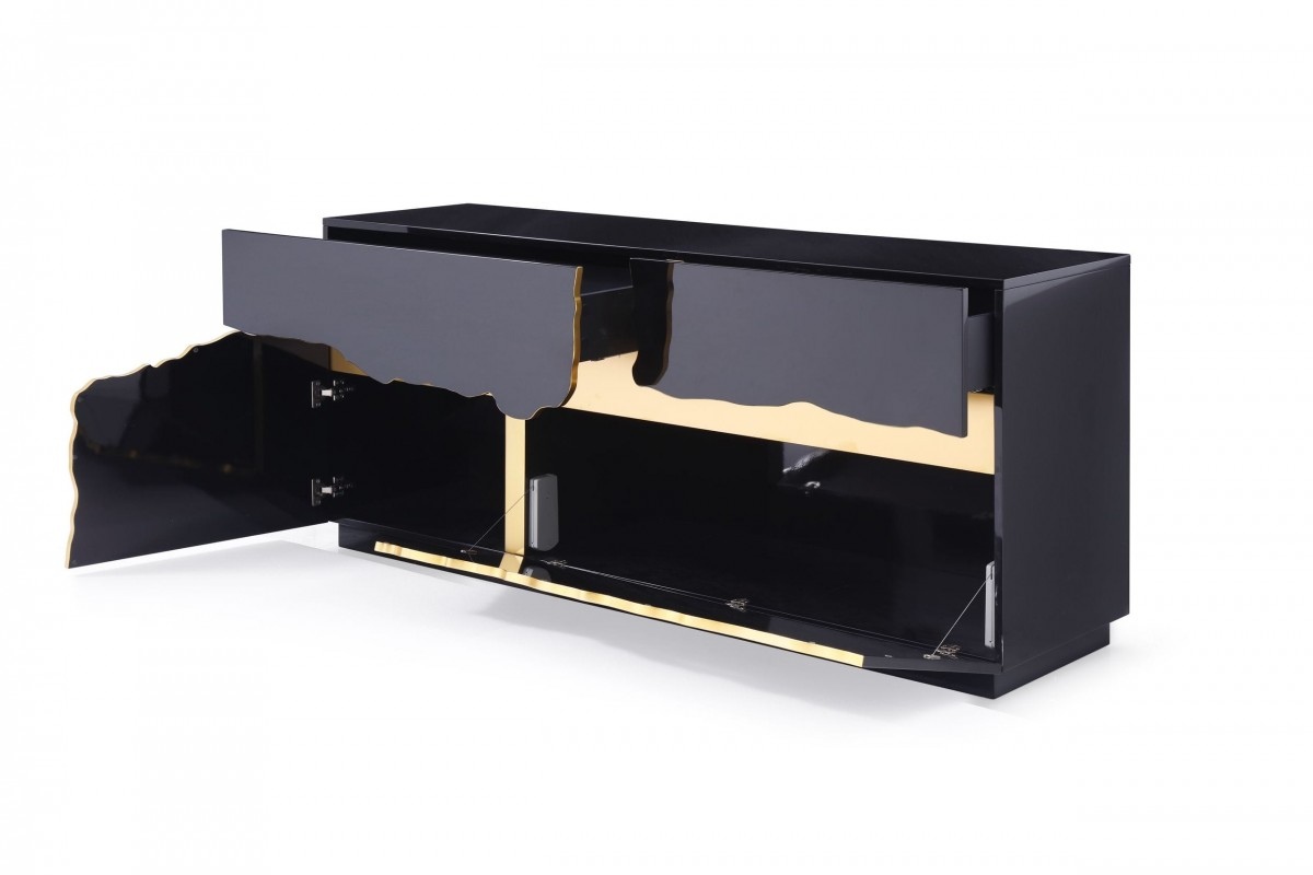 Elite High Gloss Black Buffet with Champagne Gold Accents - Click Image to Close