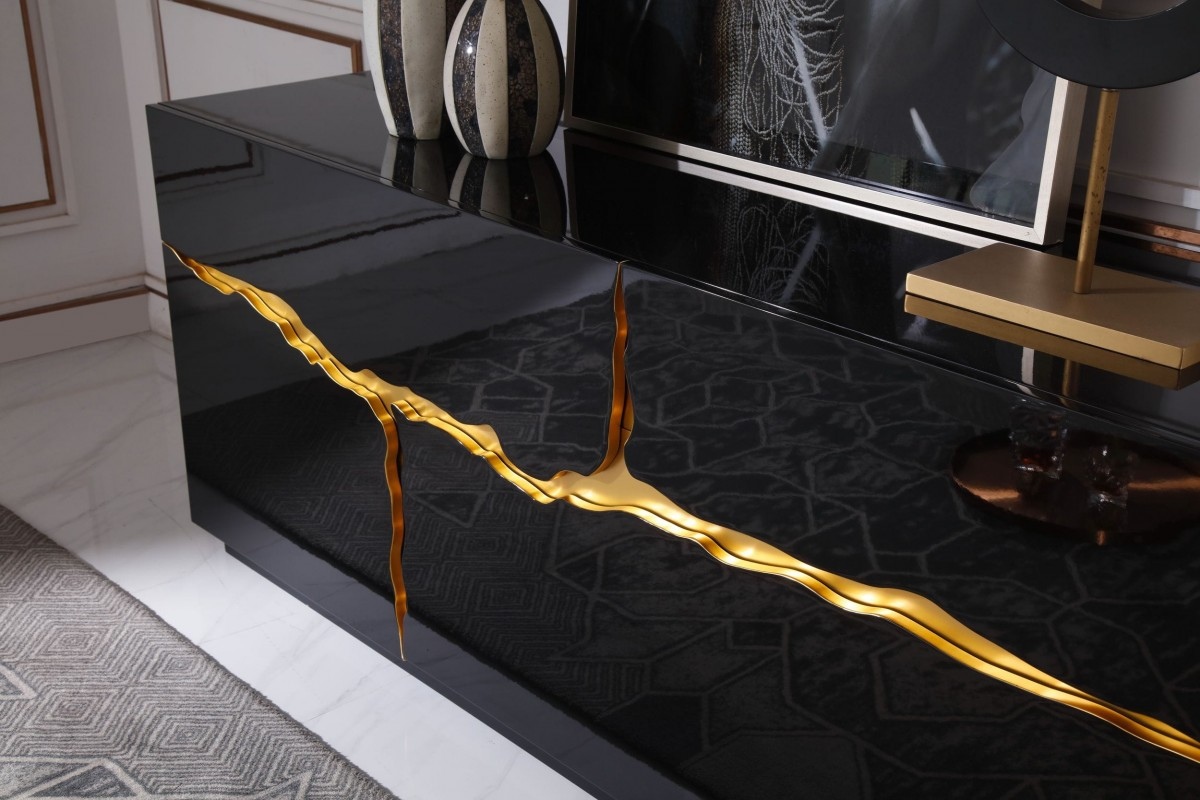 Elite High Gloss Black Buffet with Champagne Gold Accents - Click Image to Close