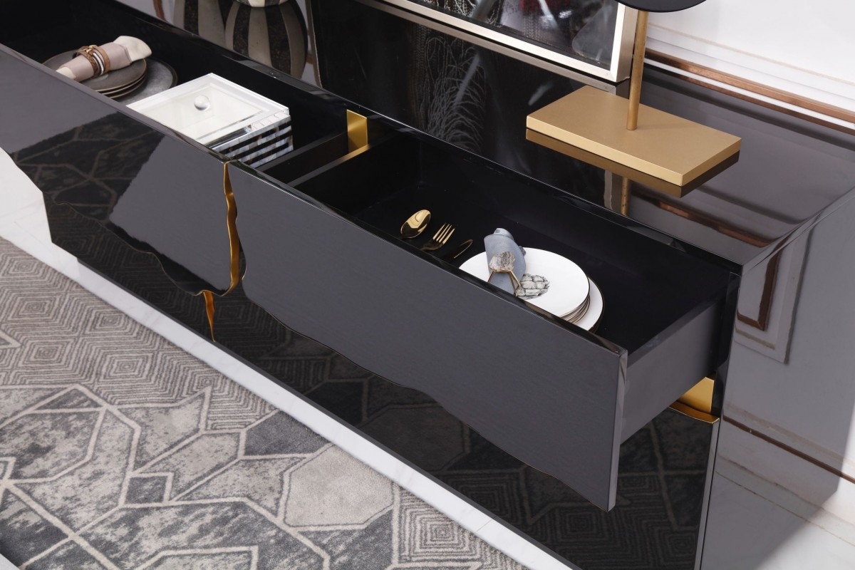 Elite High Gloss Black Buffet with Champagne Gold Accents - Click Image to Close