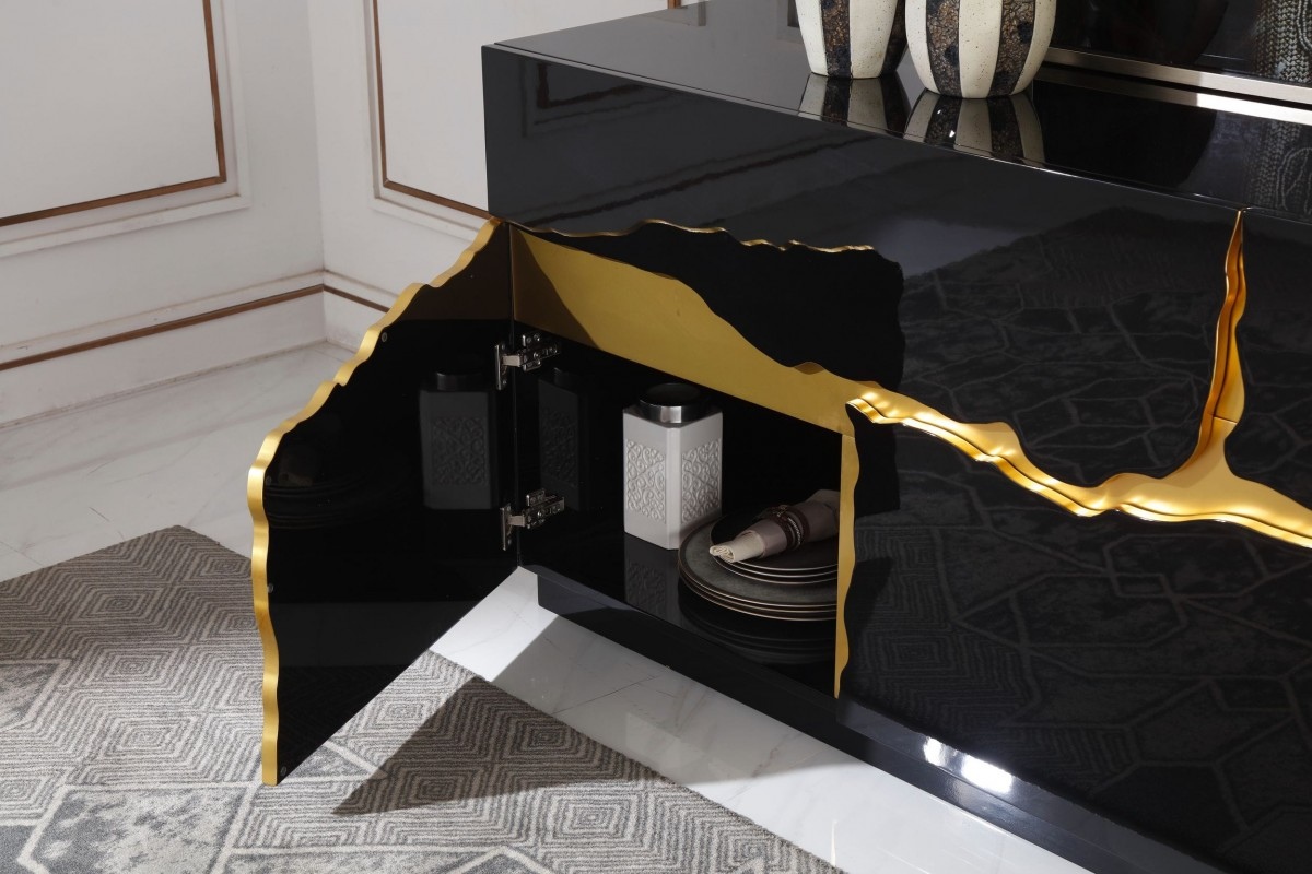 Elite High Gloss Black Buffet with Champagne Gold Accents - Click Image to Close