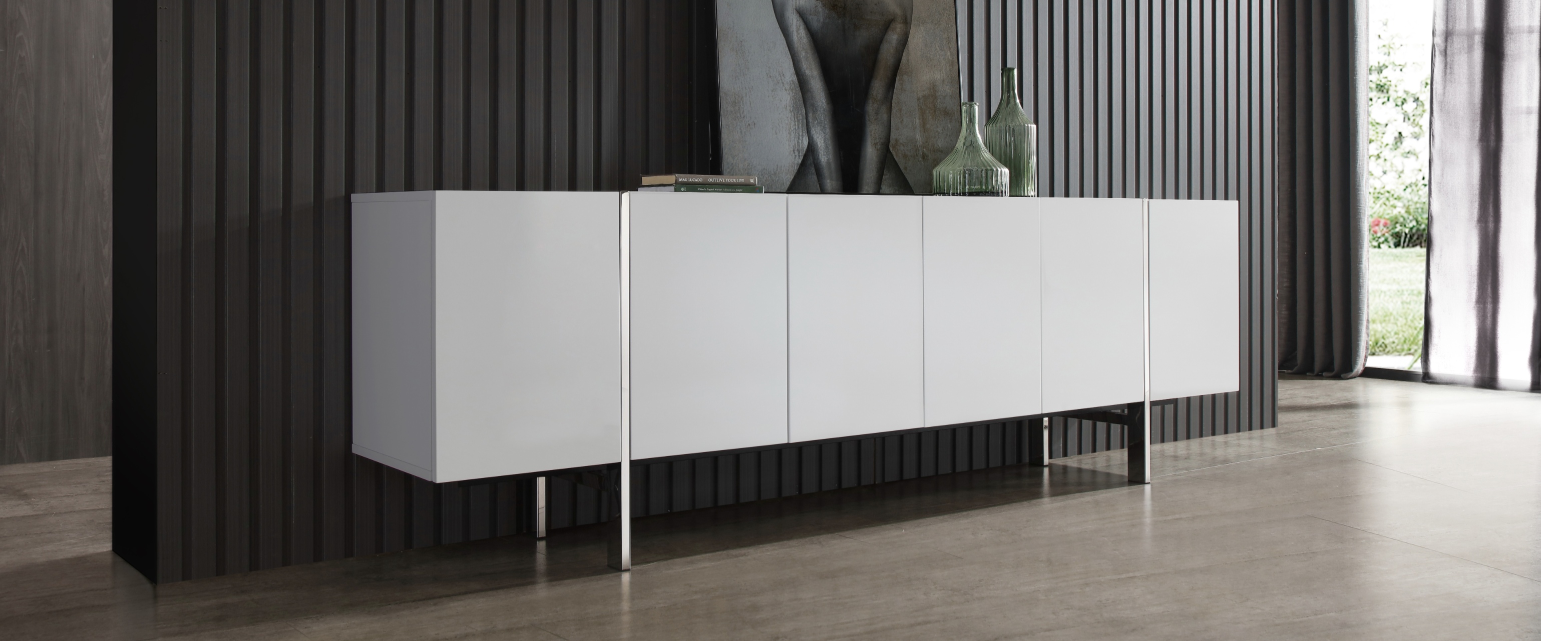 Gorgeous High Gloss White Buffet with Stainless Steel Legs - Click Image to Close