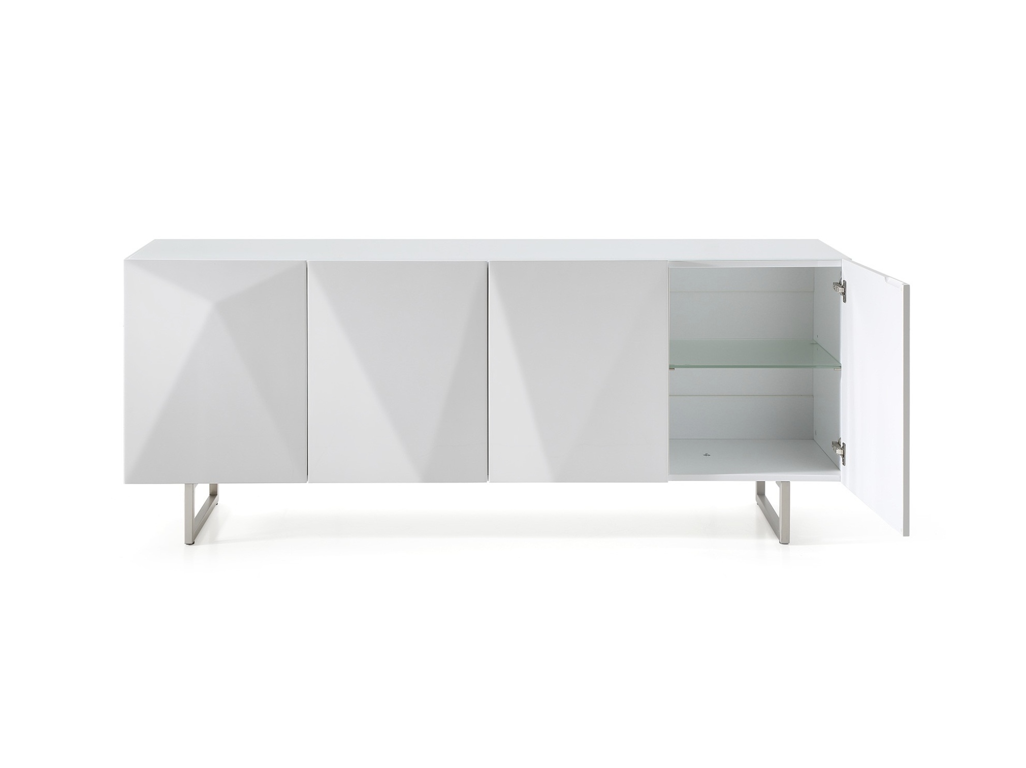High Gloss White Buffet with Designed Doors and Glass Top