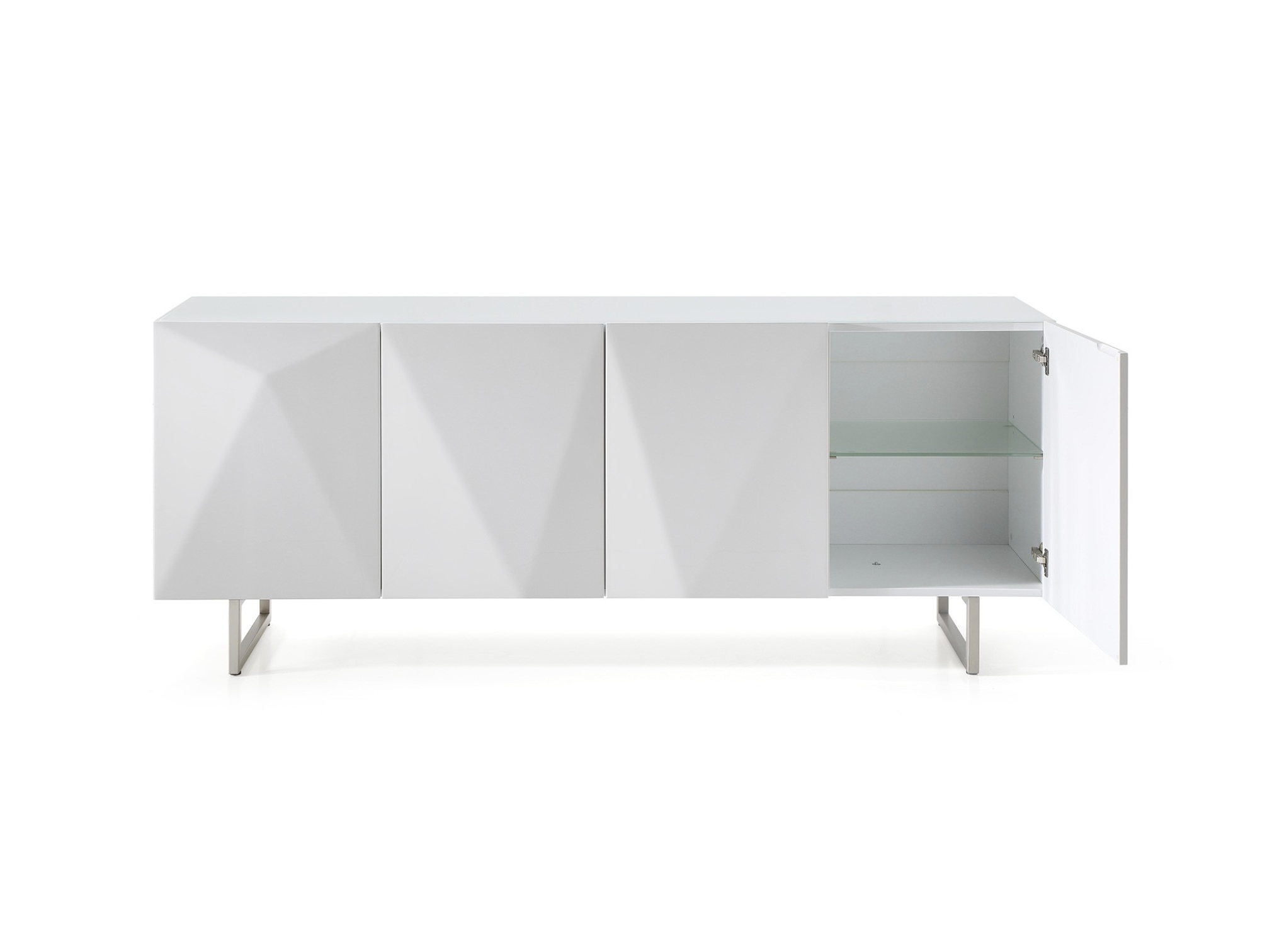 High Gloss White Buffet with Designed Doors and Glass Top - Click Image to Close