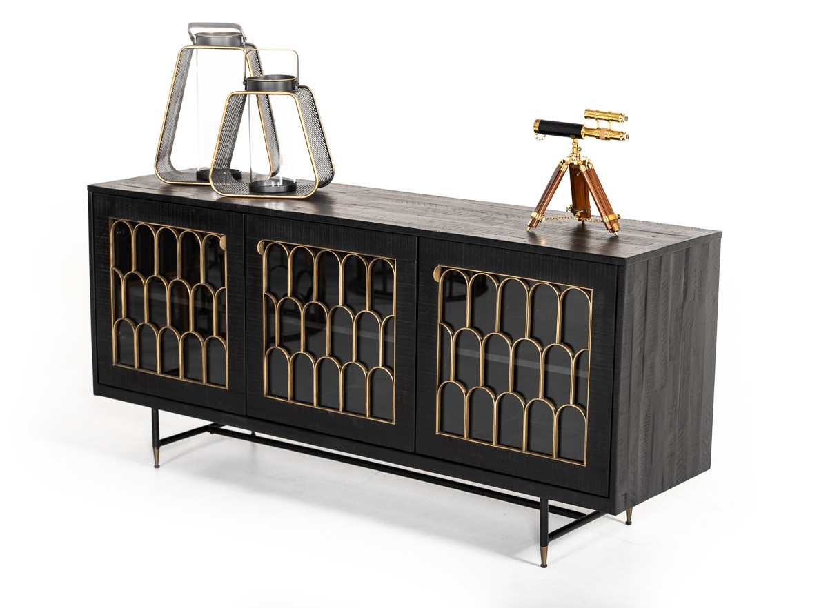 Modern Black Acacia Buffet with Antique Brass Accents - Click Image to Close