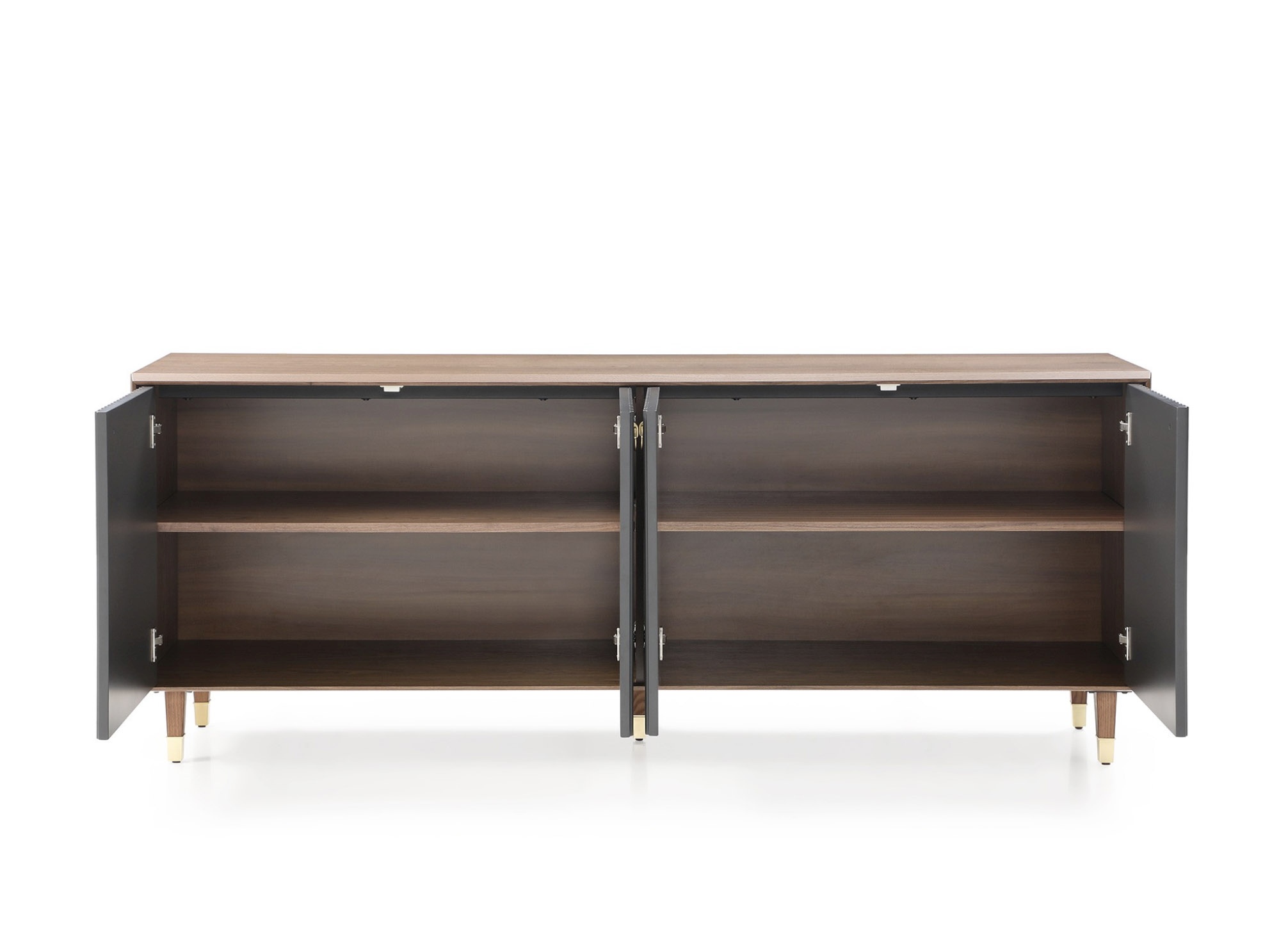 Modern Walnut Buffet with Uniquely Designed Matte Grey Doors - Click Image to Close