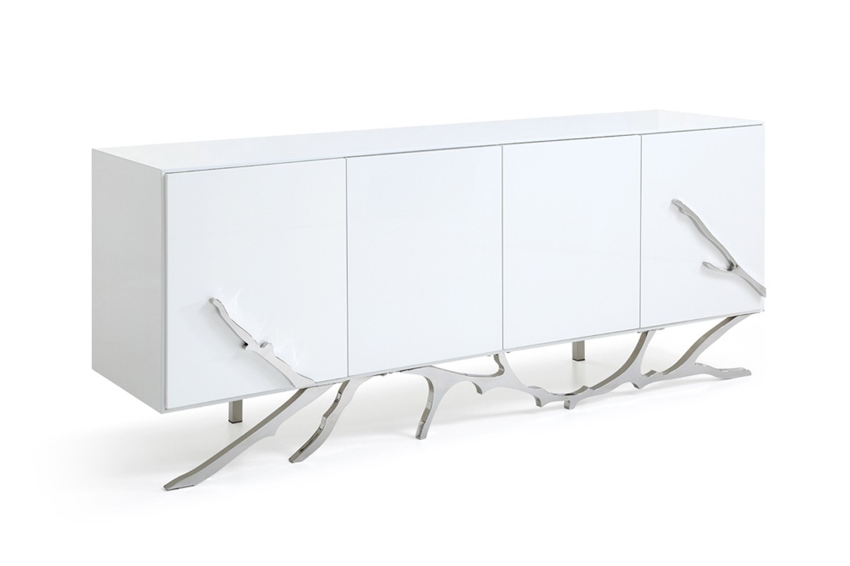 Modern White Buffet with Silver Accents - Click Image to Close