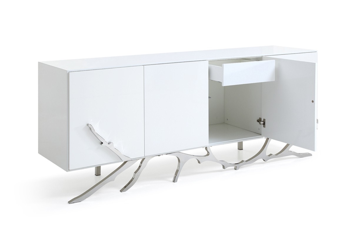 Modern White Buffet with Silver Accents - Click Image to Close