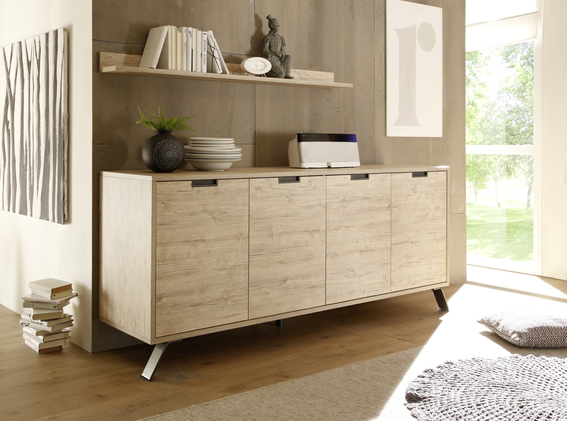 Contemporary Light Oak 4 Door Dining Buffet with Soft Closing Doors