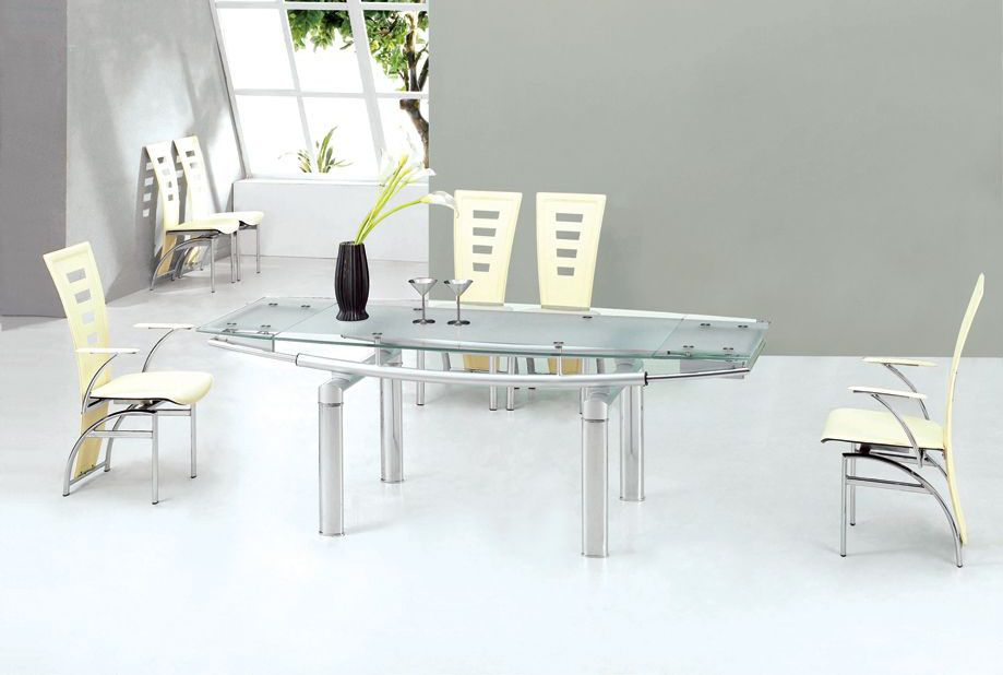 Extendable Clear Glass Top Leather Dining Set Furniture with Leaf - Click Image to Close