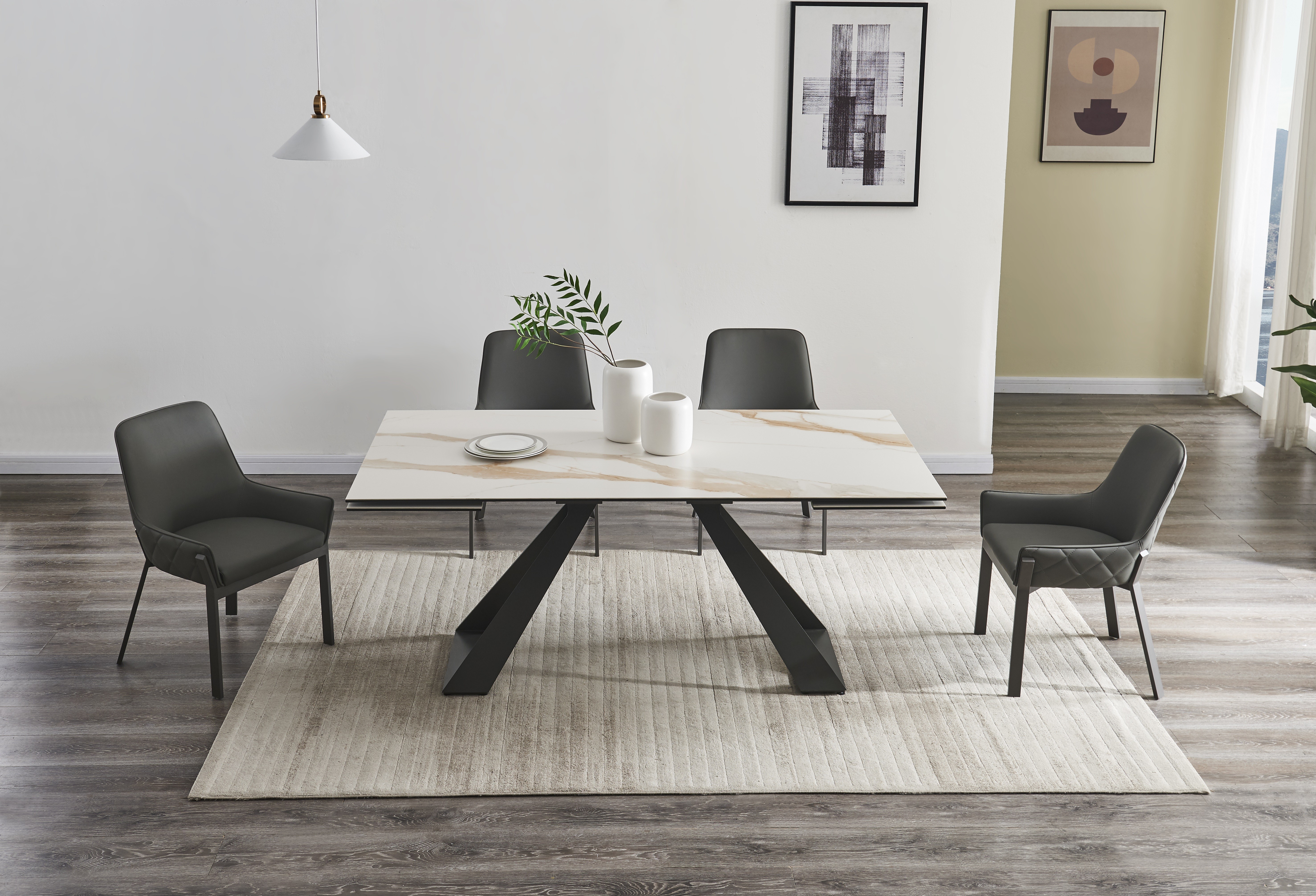 Stylish Rectangular Top Leather Modern Dining Set - Click Image to Close