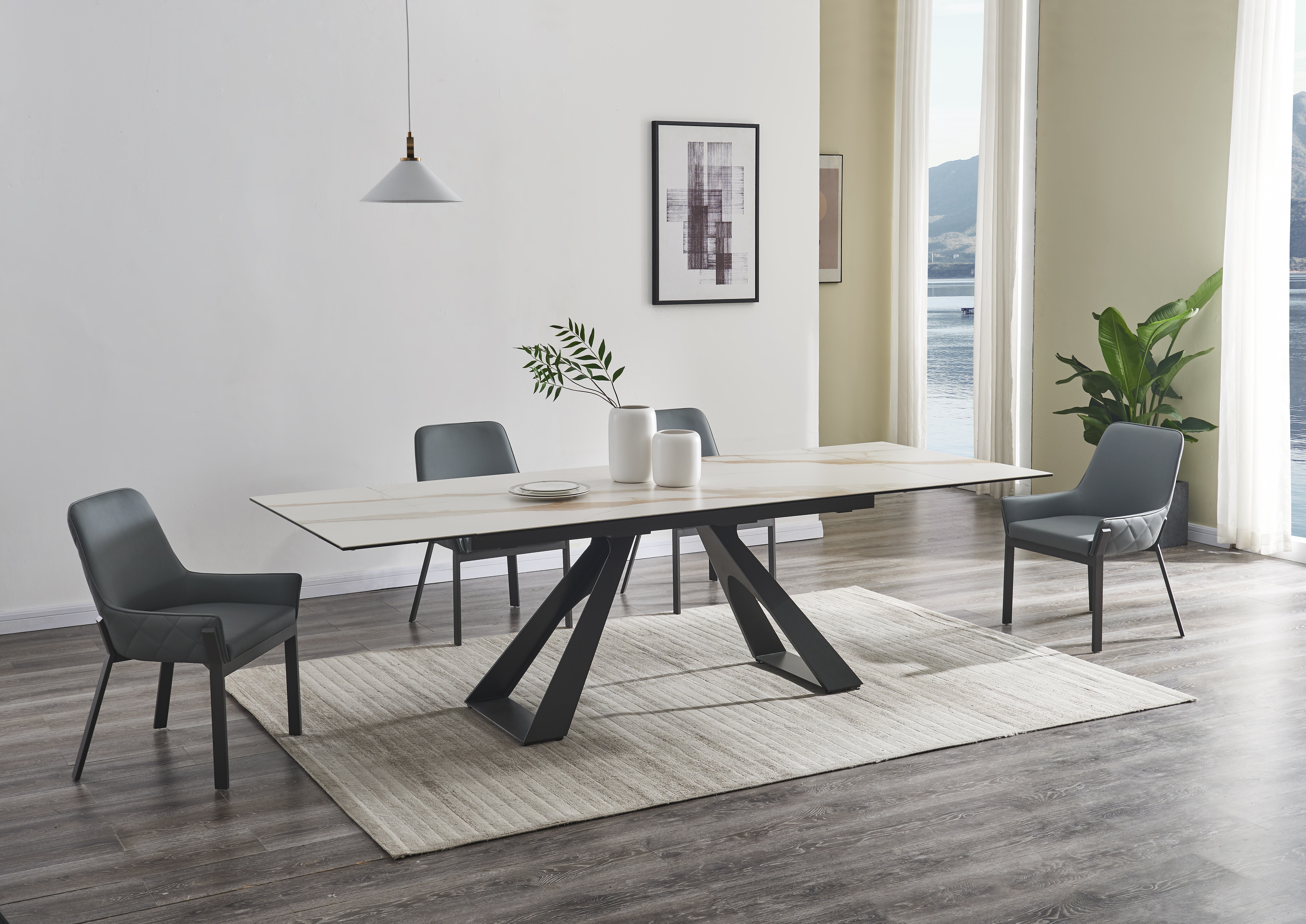 Stylish Rectangular Top Leather Modern Dining Set - Click Image to Close