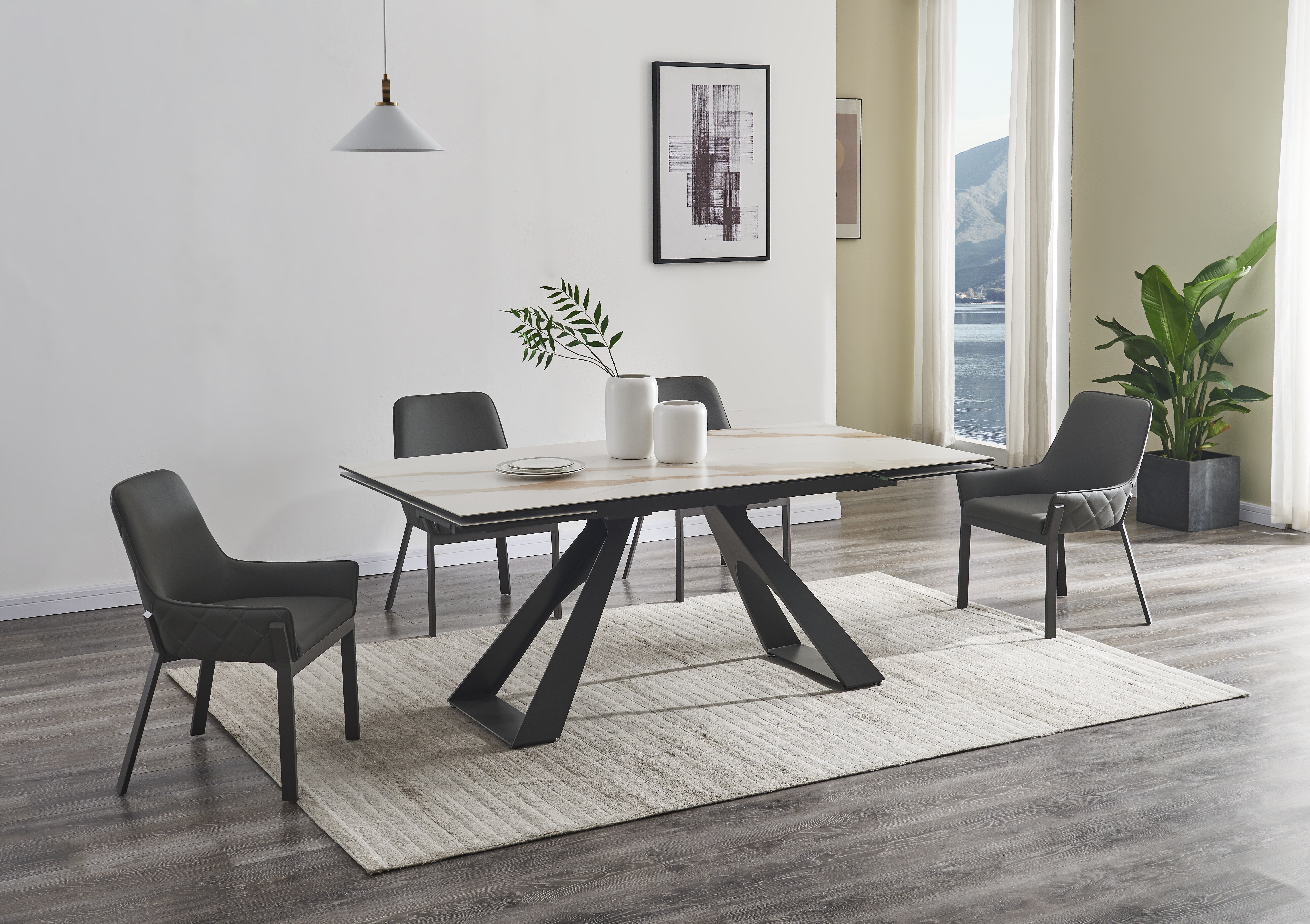 Stylish Rectangular Top Leather Modern Dining Set - Click Image to Close