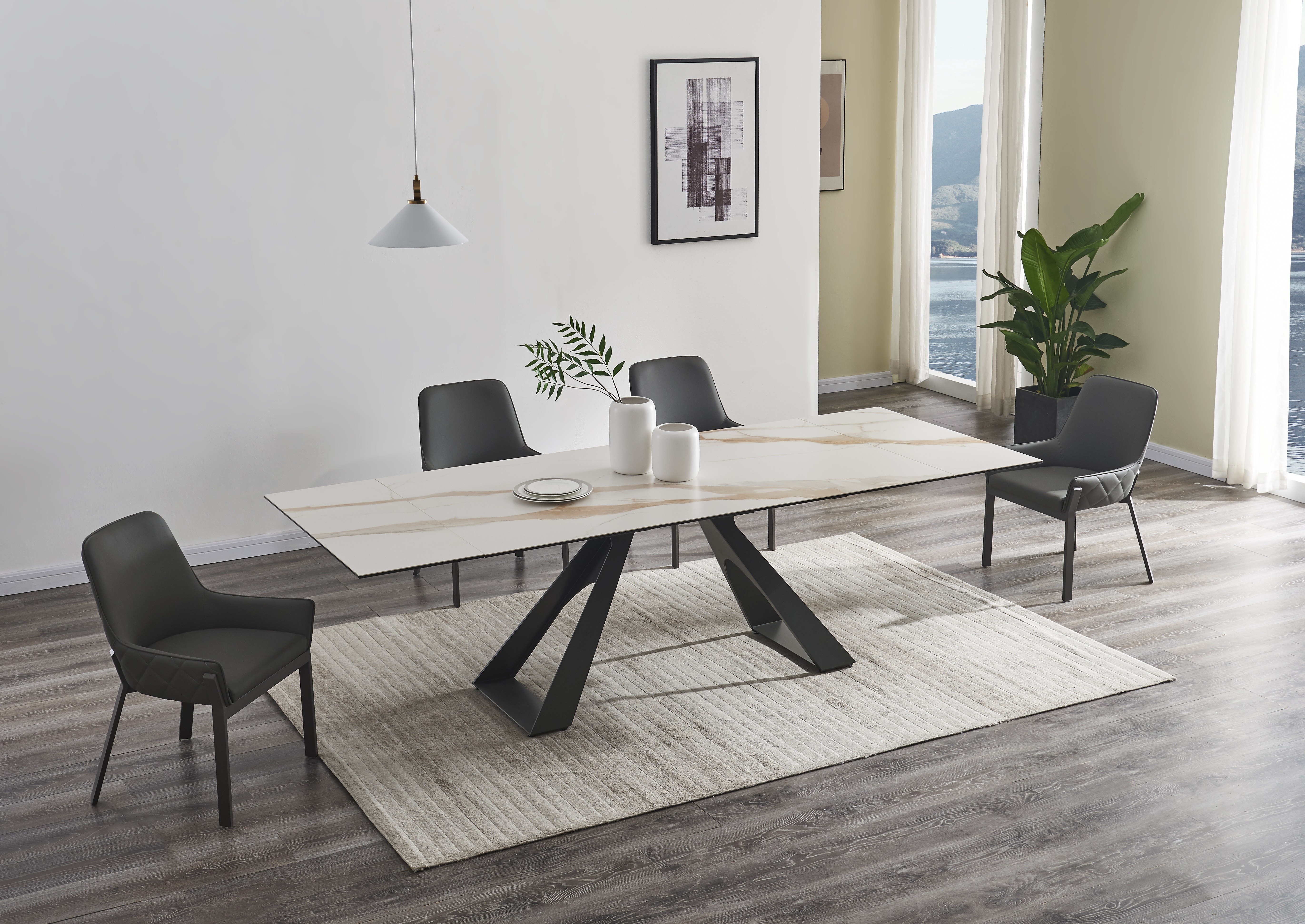 Stylish Rectangular Top Leather Modern Dining Set - Click Image to Close