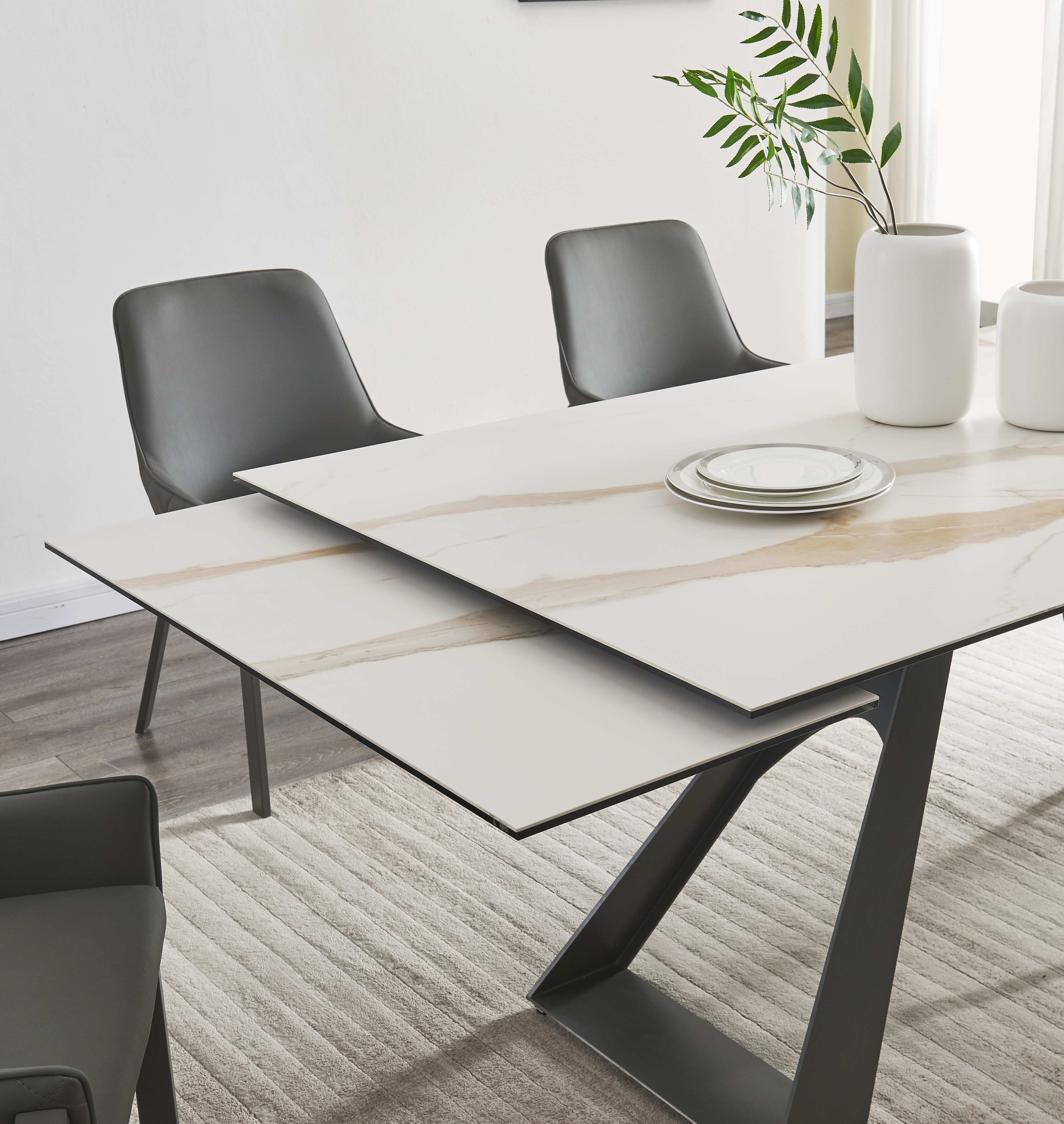 Stylish Rectangular Top Leather Modern Dining Set - Click Image to Close