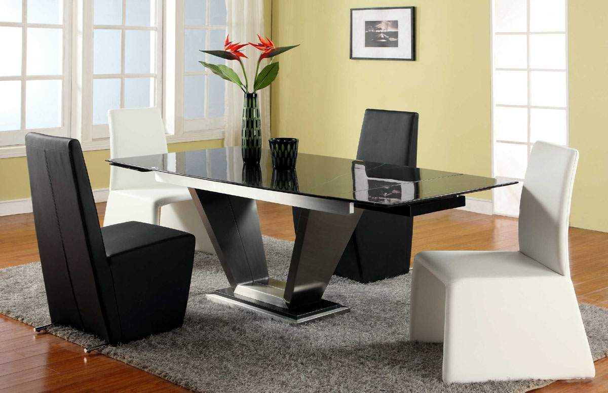 Extendable Rectangular Marble Leather Five Piece Modern Dining - Click Image to Close