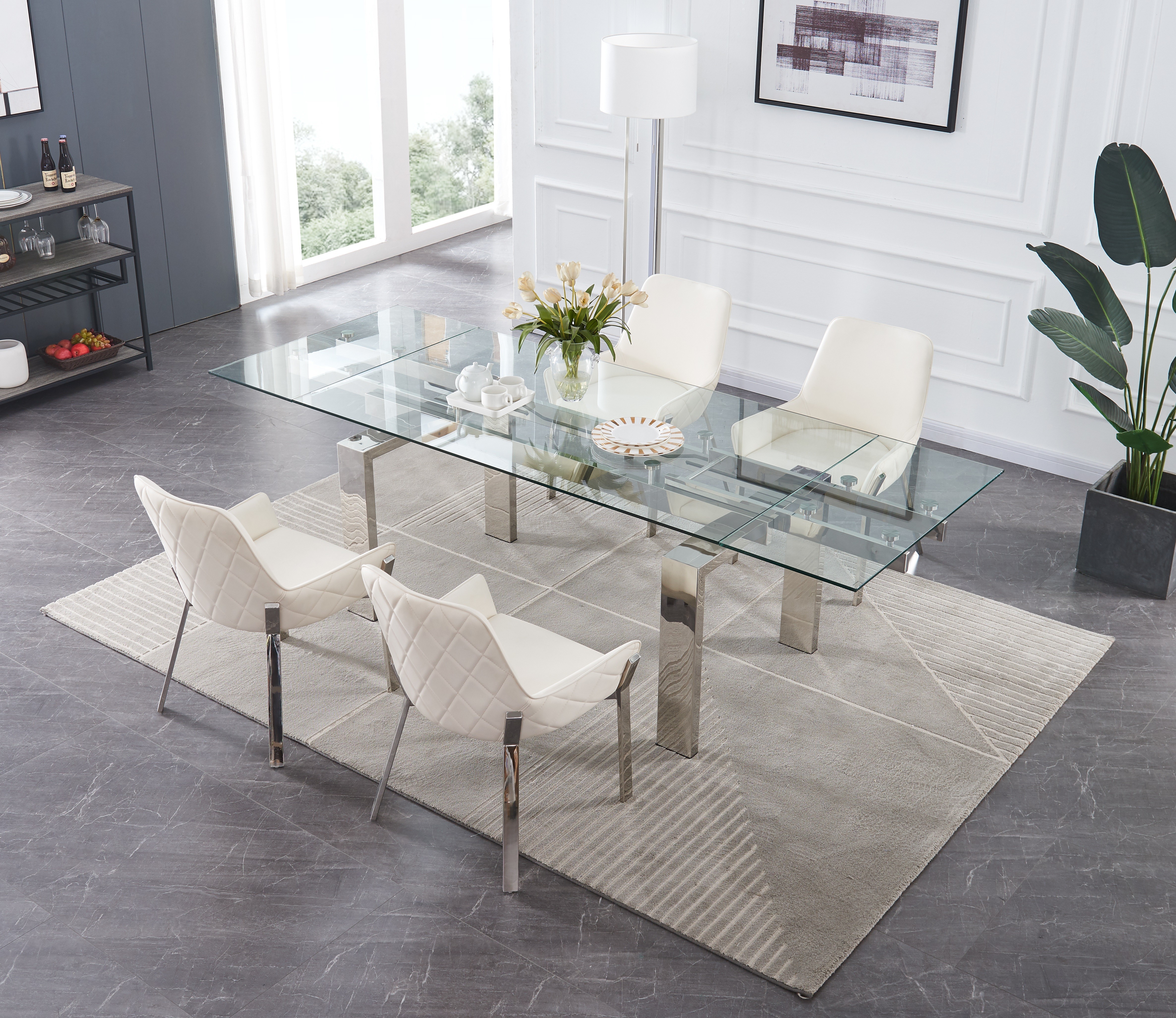 High-class Rectangular All Clear Glass Top Leather Table and Four Chairs
