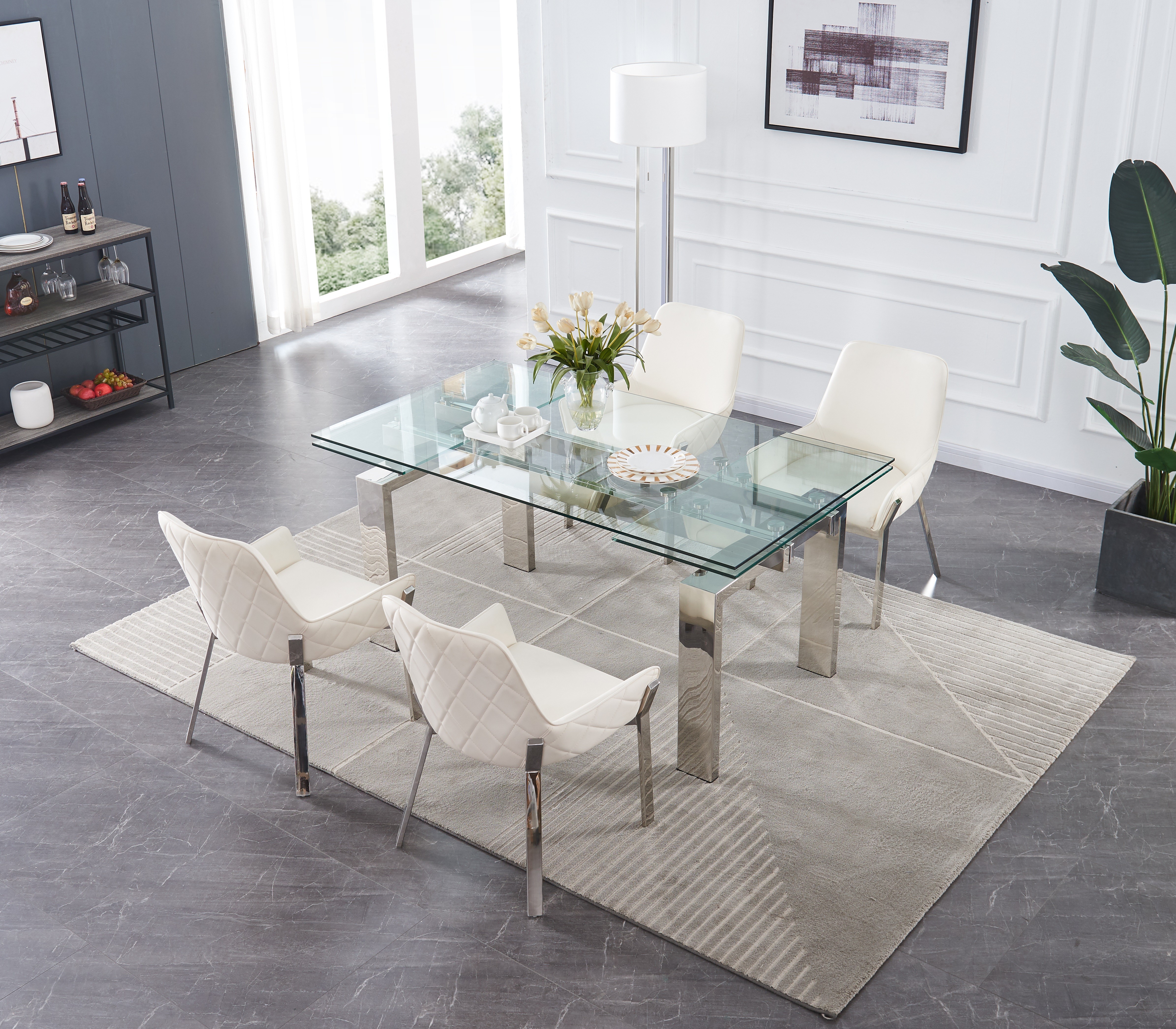 High-class Rectangular All Clear Glass Top Leather Table and Four Chairs - Click Image to Close