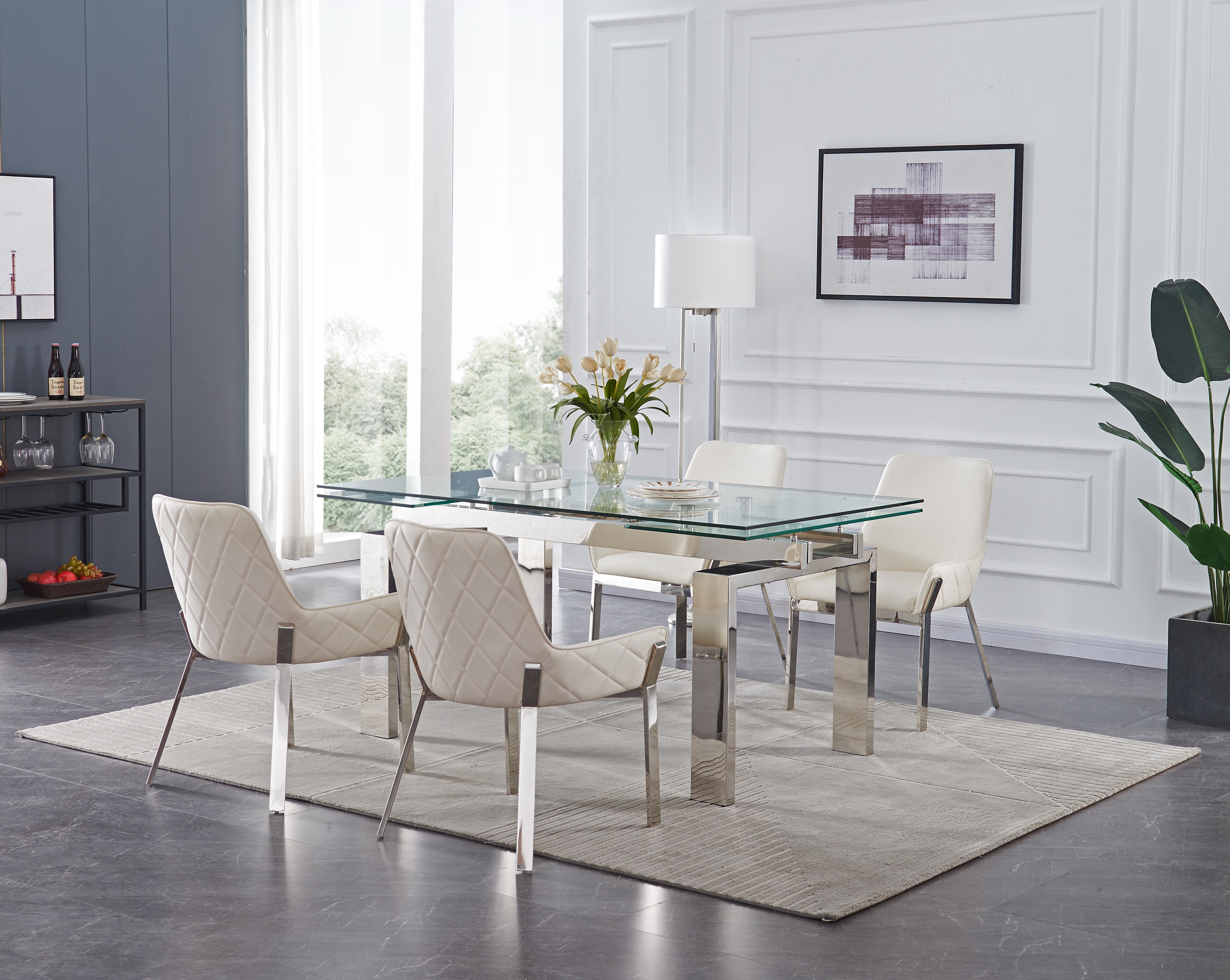 High-class Rectangular All Clear Glass Top Leather Table and Four Chairs - Click Image to Close