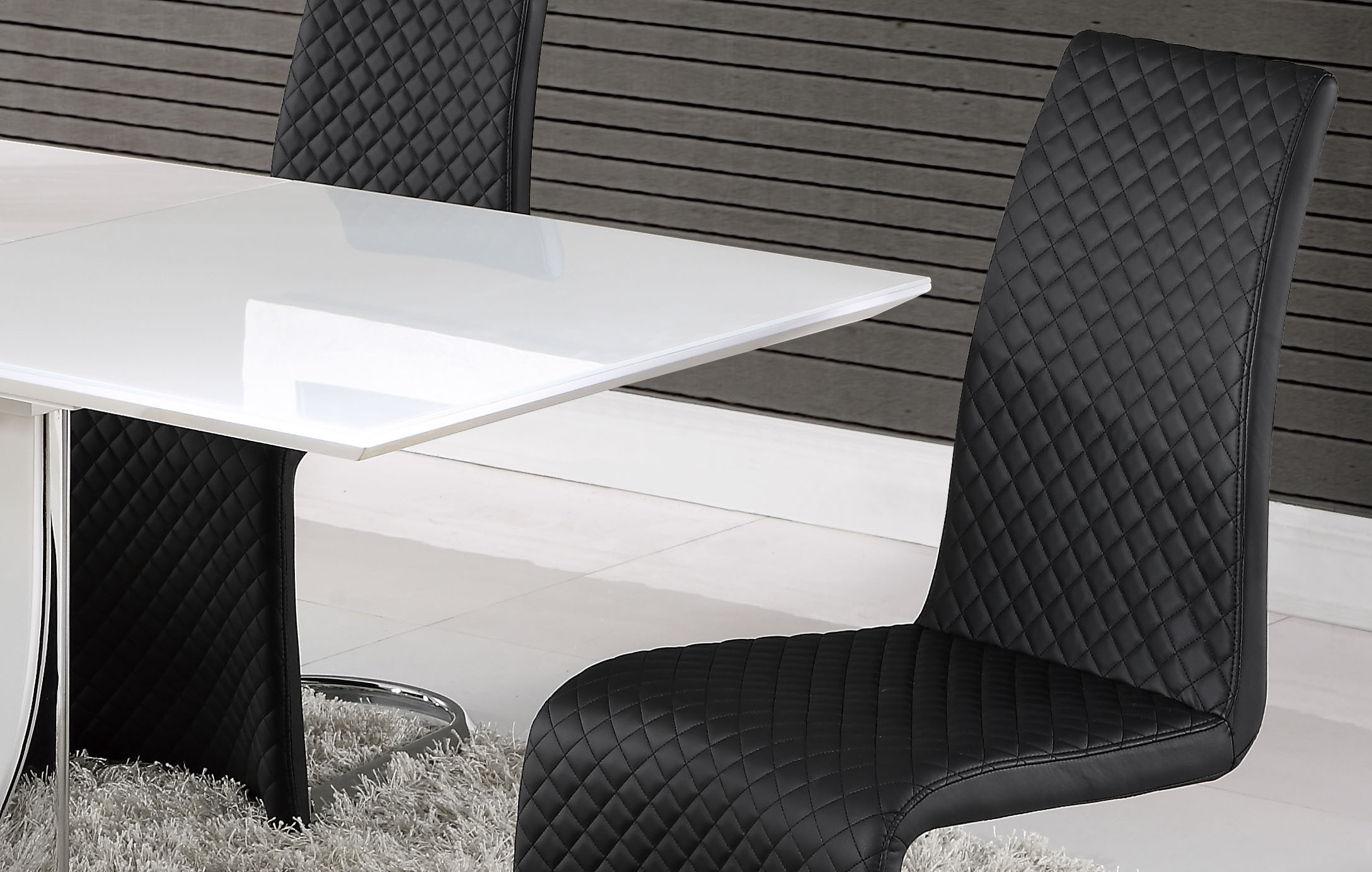 Elegant White Gloss and Chrome Dining Table with Tufted Leather Black Chairs - Click Image to Close