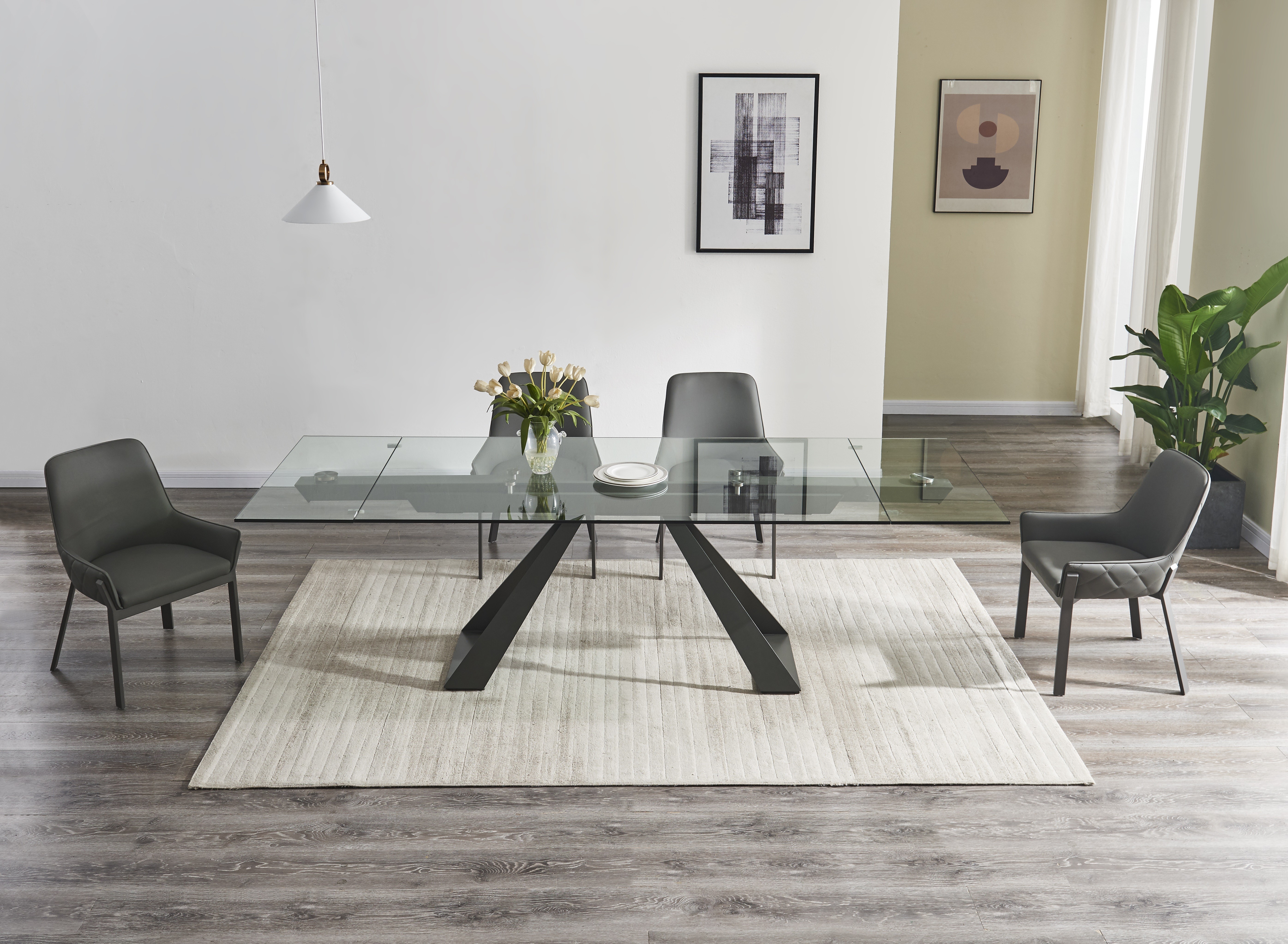 Elegant Rectangular Clear Glass Top Leather Dining Table and Chair Sets - Click Image to Close