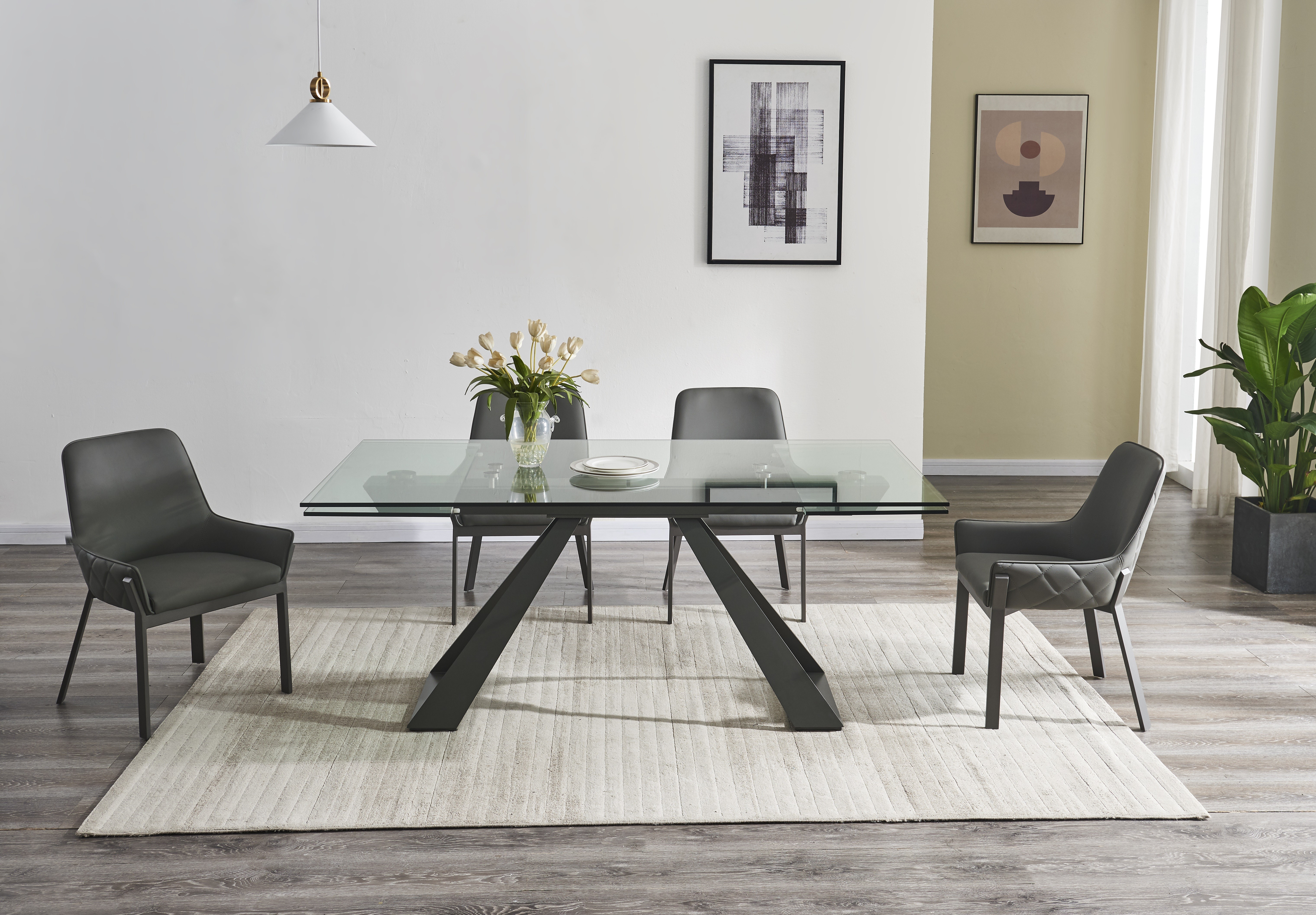 Elegant Rectangular Clear Glass Top Leather Dining Table and Chair Sets - Click Image to Close