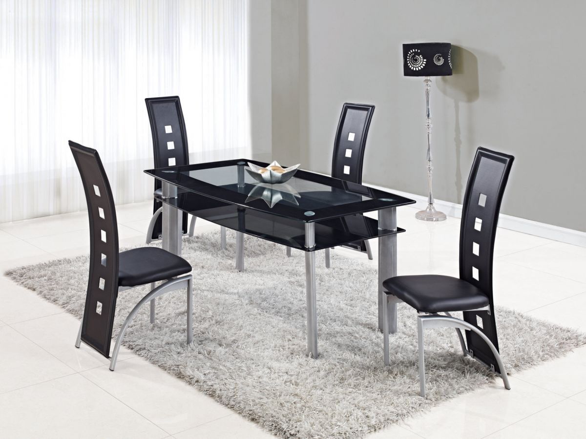 Extendable Rectangular Frosted Glass Top Leather Modern Dining Set 