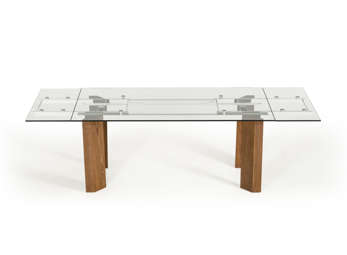 Modern Glass Top Extendible Dining Table with Wooden Legs - Click Image to Close