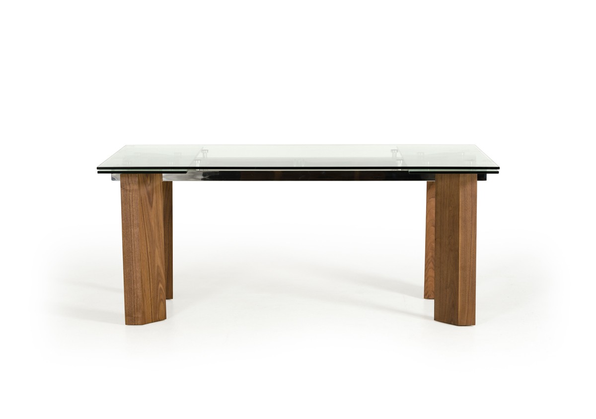 Modern Glass Top Extendible Dining Table with Wooden Legs
