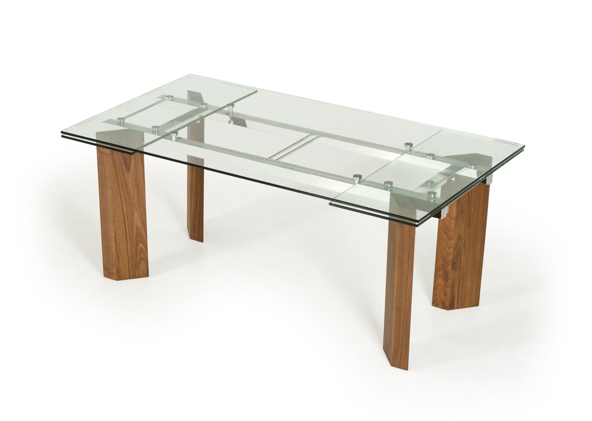 Modern Glass Top Extendible Dining Table with Wooden Legs