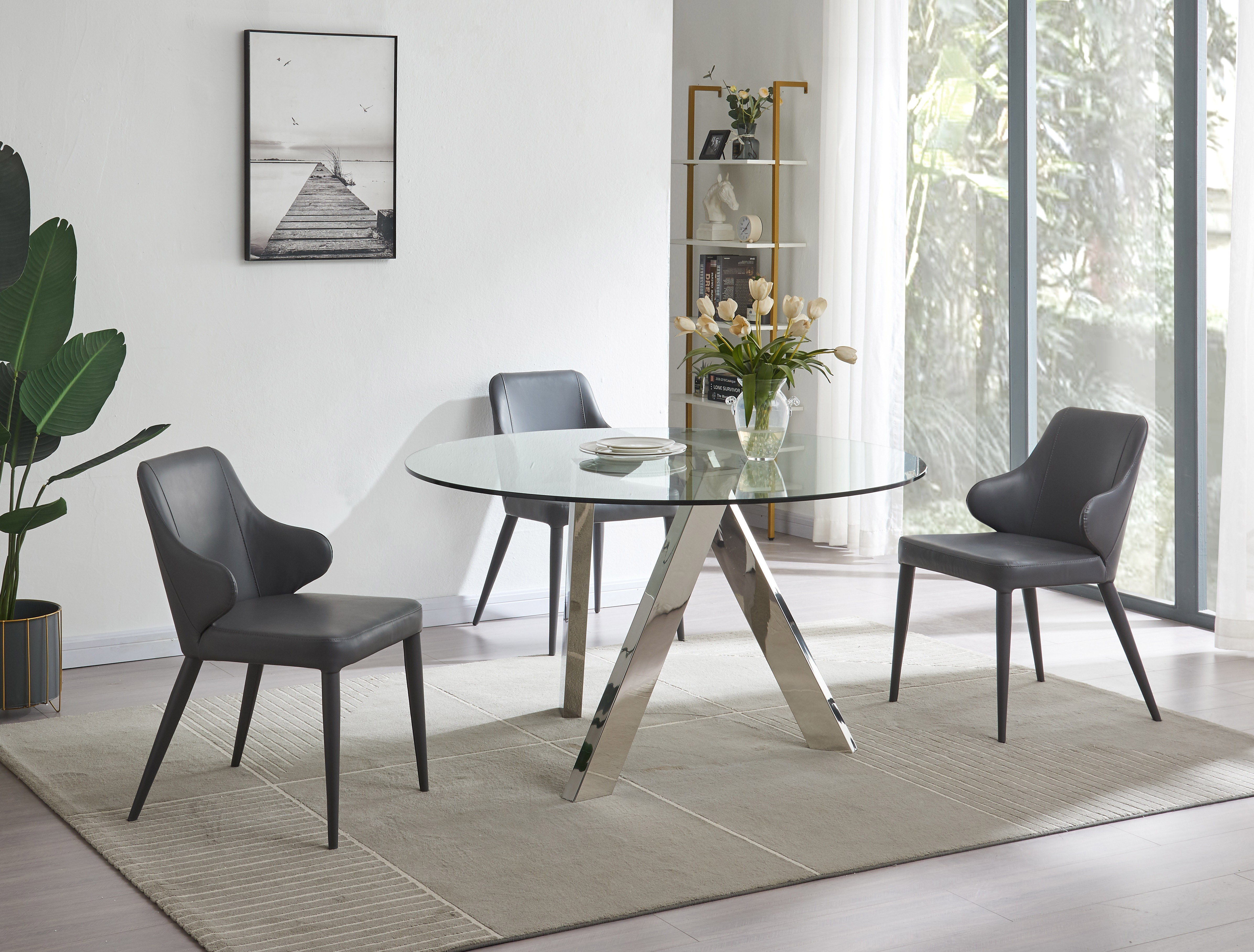 Modern Glass Round Top Crisscross Chrome Base Dining Set Charlotte